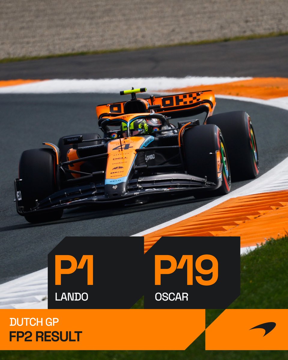 McLarenF1's tweet image. Lando tops the timesheets in FP2.

Oscar will bounce back tomorrow after his session came to a premature end. 👊

#DutchGP 🇳🇱