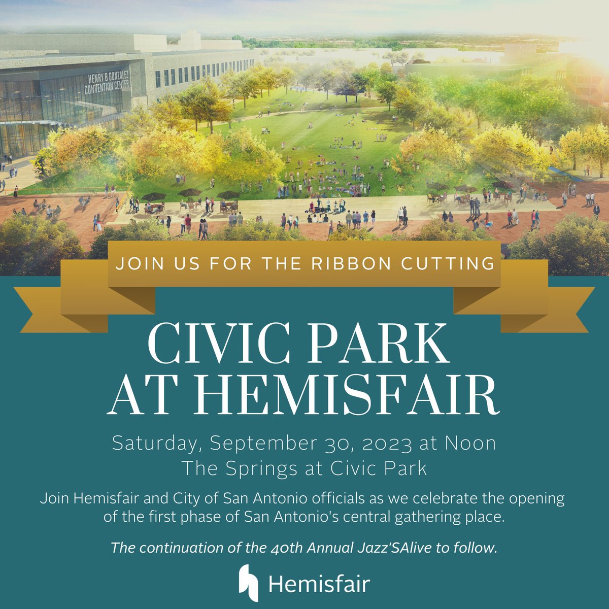 Dear San Antonio, it's time to mark your calendars! 🗓️

Join us for the official Civic Park Phase 1 Ribbon Cutting on Saturday, September 30, at 12:00 p.m. We are excited to celebrate the opening of the first phase of our community's newest gathering space! ❤️

#Hemisfair