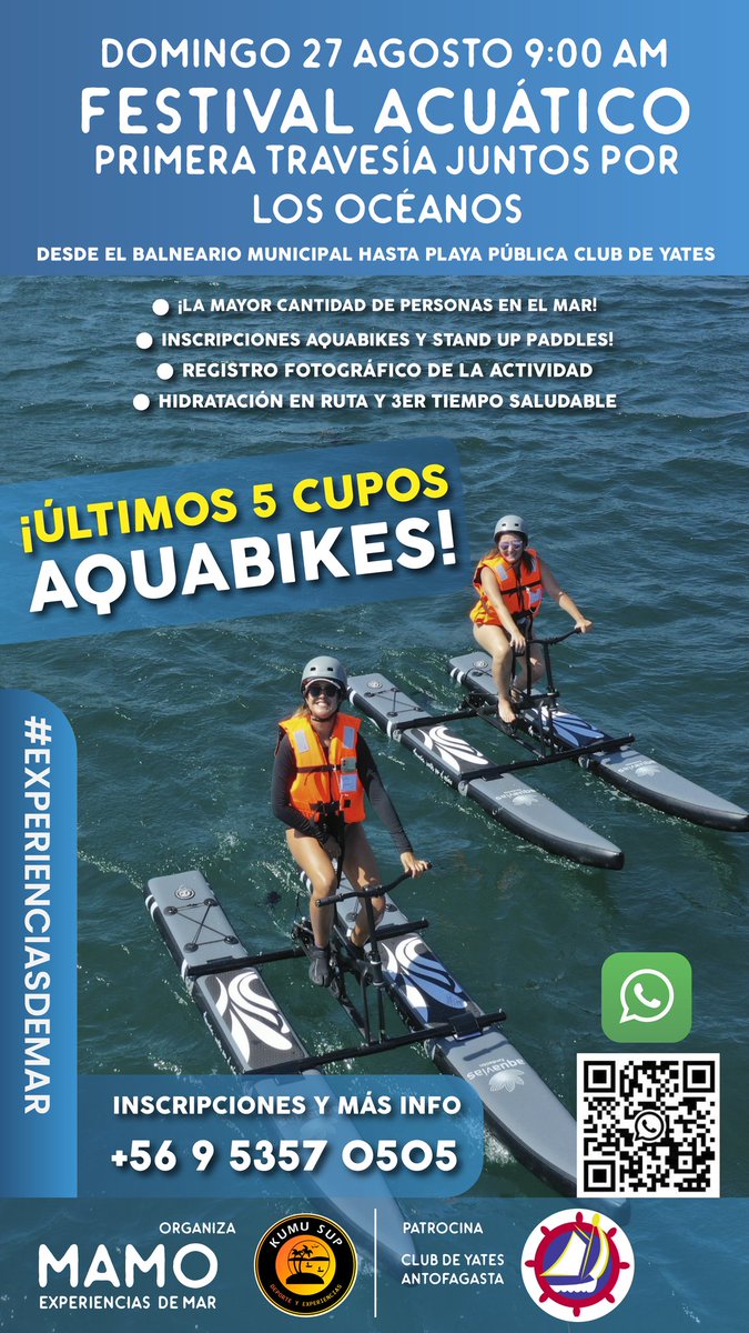 jorgitoice's tweet photo. #Antofagasta ¡Que no te lo cuenten! Últimos 5 cupos para pedalear sobre el mar con #Aquabikes Éste domingo 27 GRAN FESTIVAL ACUÁTICO. UN PANORAMA IMPERDIBLE. 

ASEGURA TU CUPO ANTES QUE SE ACABEN 

¡INSCRIPCIONES PARA STAND UP PADDLES PROPIOS!
REGALOS Y MUCHO MÁS
#Antofagasta https://t.co/qfo5qpZt1U