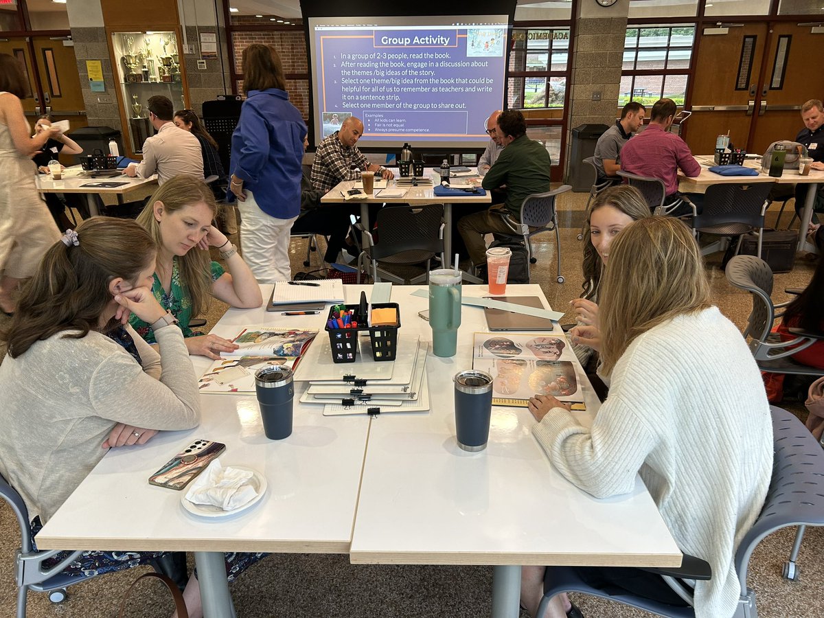 DrAPease's tweet photo. Team PPS - Jamie and Karen drop the mic with a children’s book inspired introduction for our new teachers. Each book had inspiring differently-abled characters. Sentence strips were used to capture our thinking and learning. #WeAreChappaqua #ChapPDTeam https://t.co/8deM8AUd1n