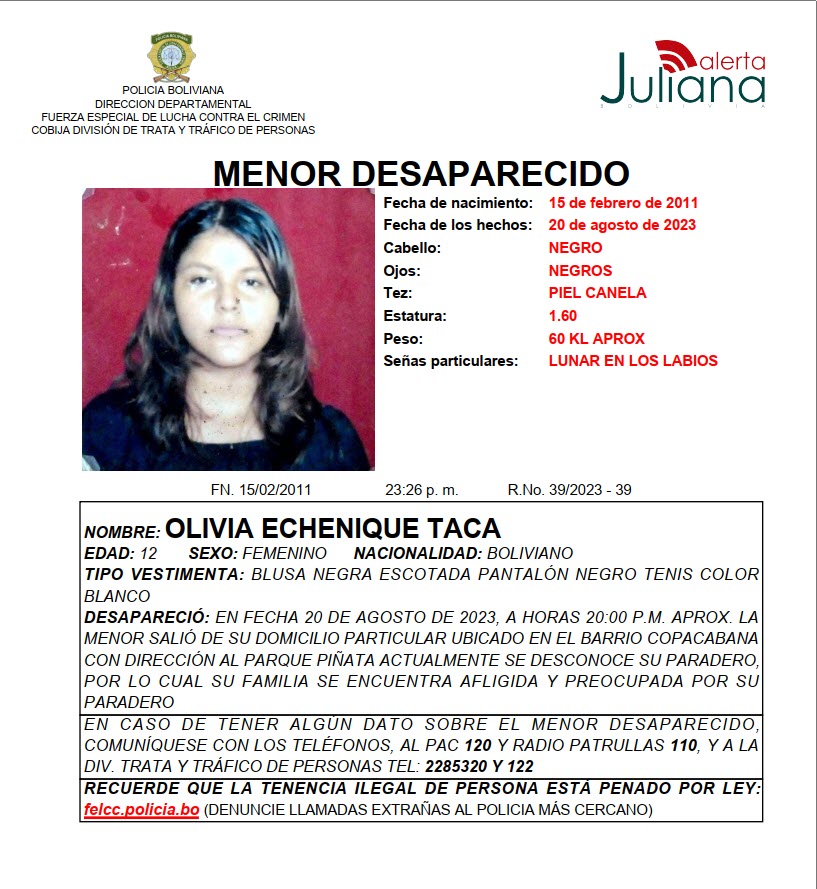 AlertaJuliana's tweet photo. #AlertaJuliana | Solicitamos su apoyo y RT para la búsqueda y localización de la niña OLIVIA ECHENIQUE TACA, de 12 años de edad. #Cobija #Pando #UnidosContraLaTrata #PoliciaBoliviana https://t.co/GOEY0OiJ5f
