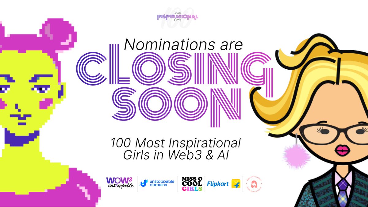 UnstoppableWoW3's tweet photo. What Girl in Web3 inspires you?
Nominate her to be part of the 100 Most Inspirational Girls of Web3 and AI list! 👇🏽
https://t.co/CdRLMhEhKx
Nominations closing soon on Tuesday August 29th.
We're thrilled to highlight these amazing girls alongside @MissOCoolGirls, @flipkart, @unstoppableweb, and 100 Girls in Blockchain @Nakzense 💜