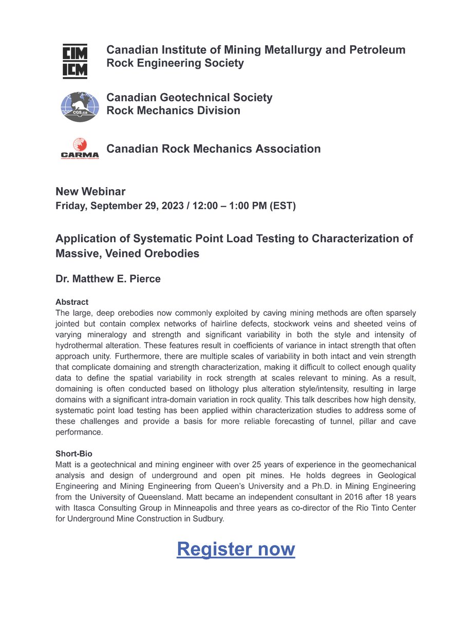 CanadianGeotech's tweet photo. Breaking News!
All three Canadian #RockMechanics societies — @cimorg, CARMA, and our Rock Mechanics Division — are collaborating on an exciting new webinar initiative. Check out their first event on September 29th.
Register here: https://t.co/9yXZgDZO7E #rockengineering https://t.co/hj0meU2RMf
