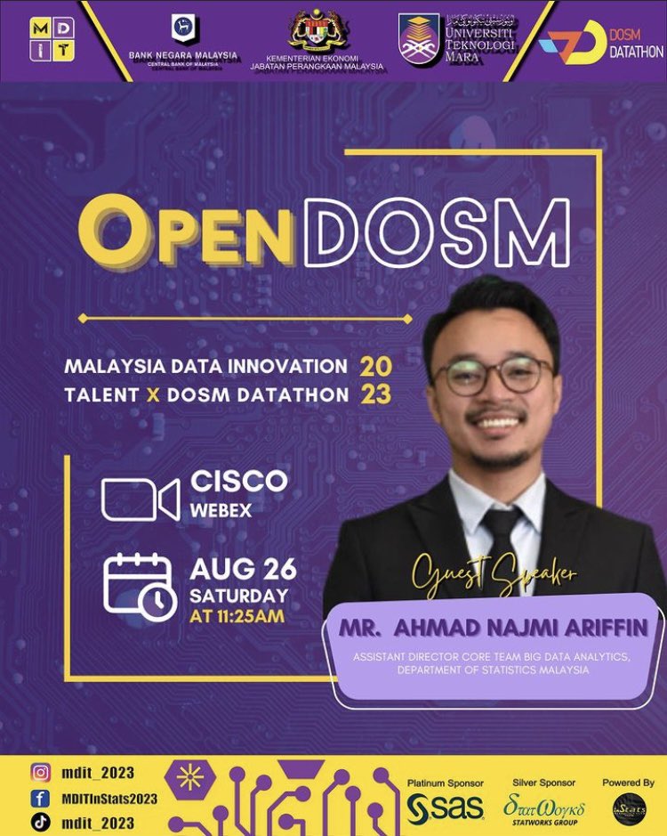 najmi_ariffin's tweet photo. 🎉 Exciting Announcement: 
[MDIT × DD 2023 Workshop Speakers]

🎙️ Featured Topic: 
#OpenDOSM by @statsmalaysia

Don't let this golden chance slip through your fingers. Join us to gain insight. 🚀📊 #MDIT2023 https://t.co/qoRgFDq5Jn