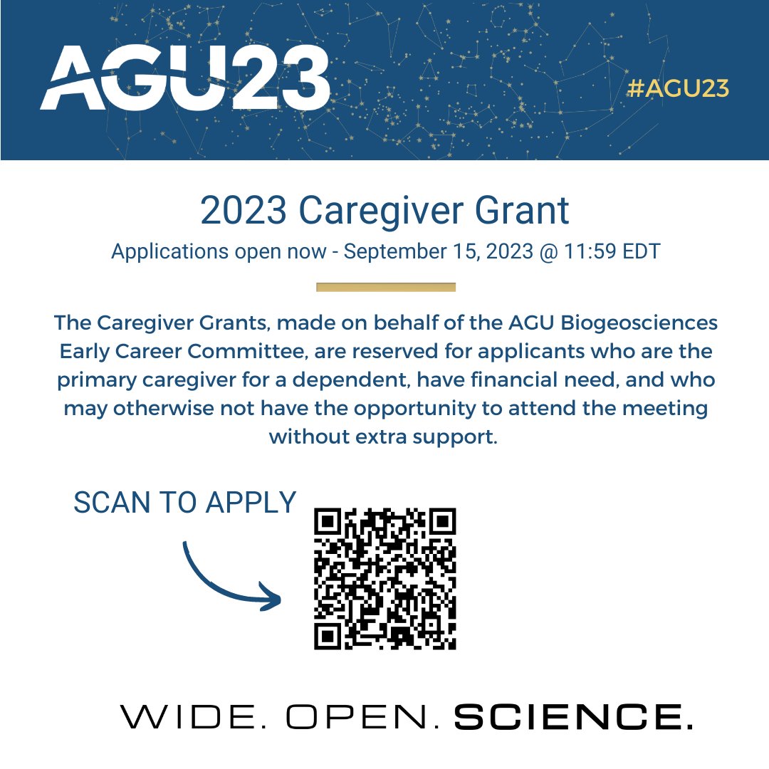 🚨 The 2023 Caregiver Grant application is open until September 15! Please apply if you are in need of caregiving assistance during the AGU Fall Meeting this year and share widely. forms.gle/vGxCivPQ7NaJMD…