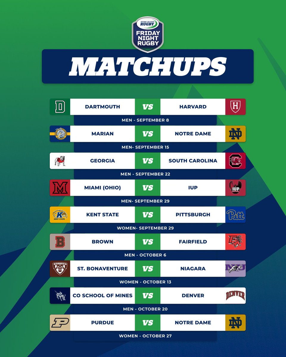 The Friday Night Rugby schedule is in 📆

This fall eight Fridays will be slotted with nine Friday Night Rugby match-ups across Men's and Women's divisions.

More info: ncr.rugby/schedule/2023-…