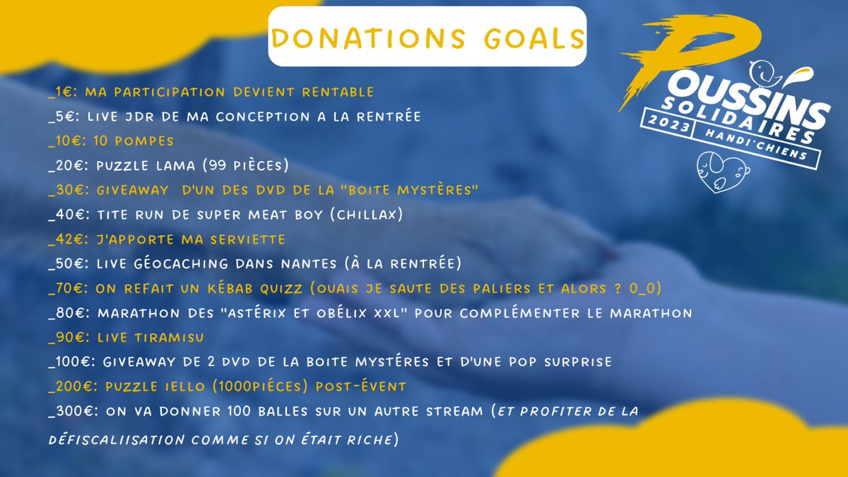 A partir de demain 10h, tout plein de stream à voir et une cagnotte à remplir ! ! ! #LPSHandichiens2023
<a href="/LesPoussinsSlds/">Les poussins solidaires</a>