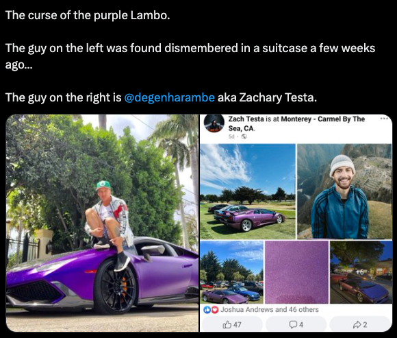CryptoCurb's tweet photo. #LAMBOOOOO
The Bigger the Scam, the more CRINGE the LAMBO post is.
๐ธPicture 1:
@0xJackShi from #NeoNexus NFT Dev Rug
๐ธPicture 2:
@DegenHarambe from @PepeCoinEth Dev Rug
1 thing consistent with $crypto- scammers gonna scam, then typically lose it all or end up in a suitcase. https://t.co/FczLX1b63m