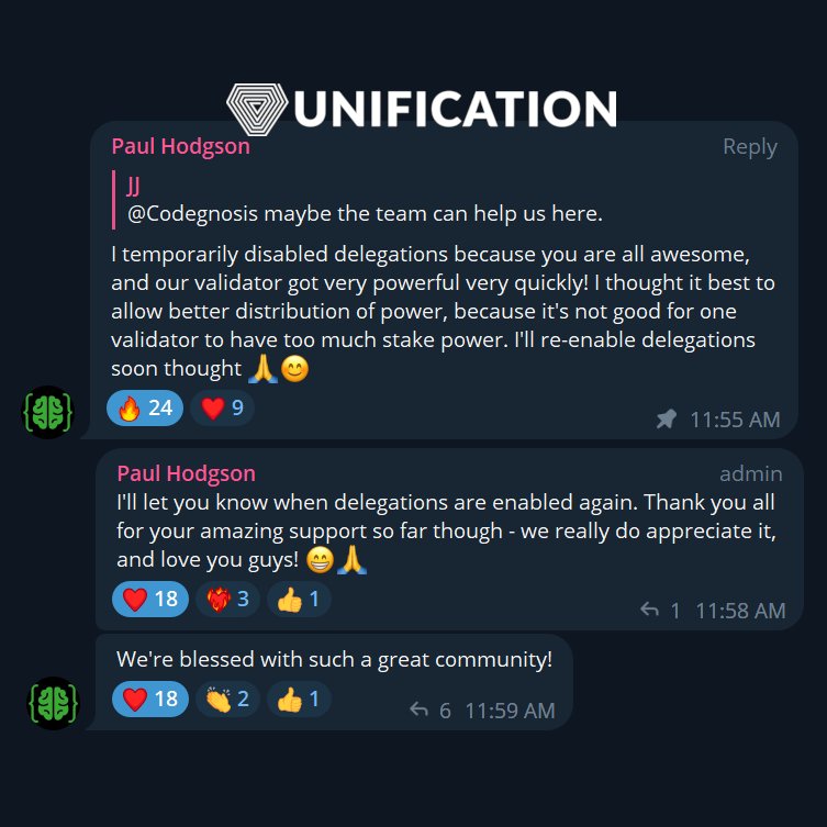 Ringoshi Tōitsu (@ringoshitoitsu) on Twitter photo #Unification🤝#Shibarium Dev Update
Unification has 'temporarily' disabled delegations to their Validator🍖
"Why? 'To allow better distribution of power because it's not good for one validator to have too much stake power.'"
"Decentralized with integrity" — <a href="/JonathanEKrause/">Jonathan Krause</a> #Unification🤝#Shibarium Dev Update
Unification has 'temporarily' disabled delegations to their Validator🍖
"Why? 'To allow better distribution of power because it's not good for one validator to have too much stake power.'"
"Decentralized with integrity" — <a href="/JonathanEKrause/">Jonathan Krause</a>