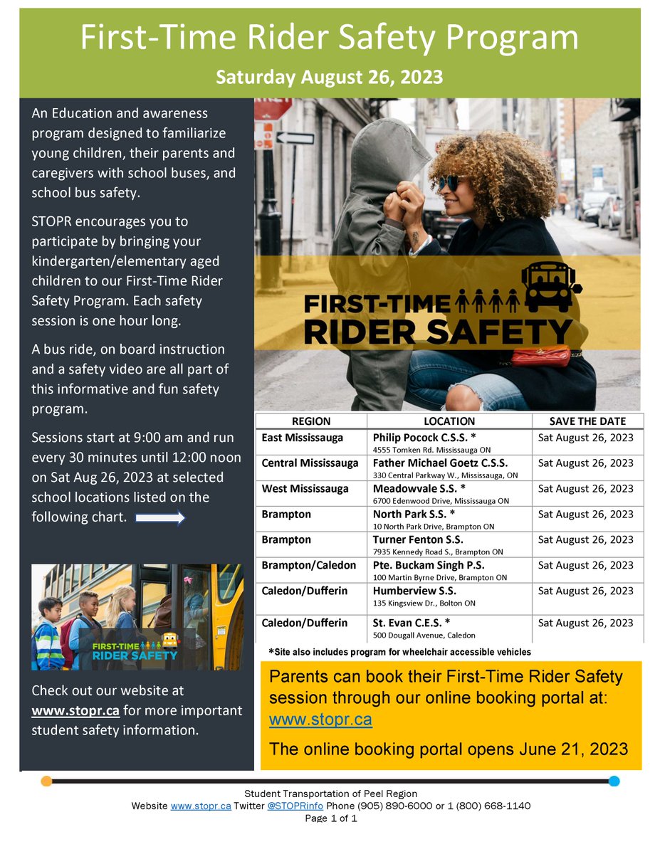 DPCDSBSchools's tweet photo. REMINDER: @STOPRinfo invites all kindergarten/elementary aged children to tomorrow's First Time Rider Safety Program. This session introduces children to school buses prior to the first day of school.  

Parents/guardians can book their session online: https://t.co/ebS9zx31U2 https://t.co/llrp4JFDg9