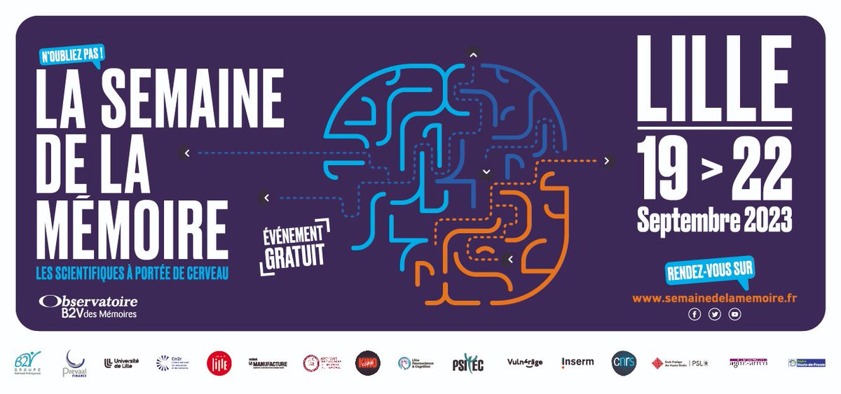 🗓️ Ne manquez pas la semaine de la mémoire organisée par <a href="/ObsB2Vmemoires/">Observatoire B2V des Mémoires</a> du 19 au 22/09 à Lille et en simultané sur internet. Plus d'une trentaine d'experts seront présents pour échanger sur la mémoire du futur et la santé mentale. Infos et inscriptions : semainedelamemoire.fr