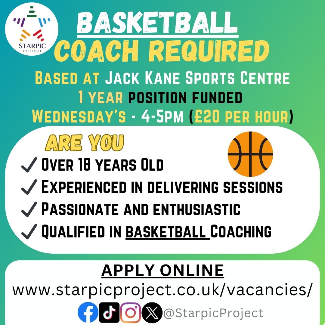 As part of our partnership with @StarpicProject and @thistlecharity there are paid coaching vacancies through Starpic Project in Castlebrae, Edinburgh. We are seeking qualified #Basketball and #badminton coaches to deliver on Wednesdays. To apply, follow the link in the poster.