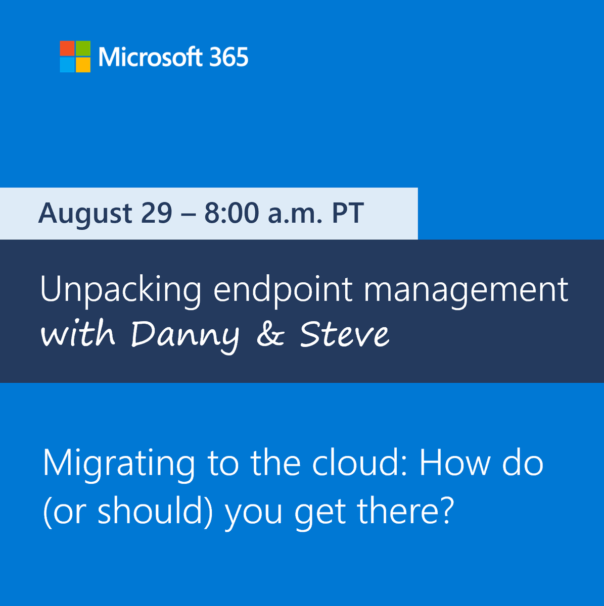 RSVP 🗓️ Tuesday, August 29th - let's debate when, why, and how to migrate to the cloud! We'll take your questions live so post them early at aka.ms/UEM/CloudMigra…. Special guests include <a href="/AasawariNavathe/">Aasawari Navathe</a>, <a href="/ronnipedersen/">Ronni Pedersen</a>, <a href="/TimothyMangan/">Timothy Mangan</a>, and <a href="/pvanderwoude/">Peter van der Woude</a>.

#MSIntune