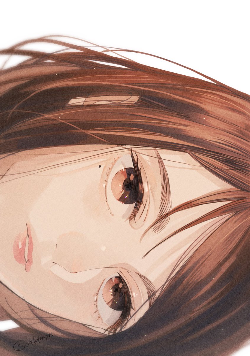 1girl solo brown hair brown eyes white background mole mole under eye  illustration images