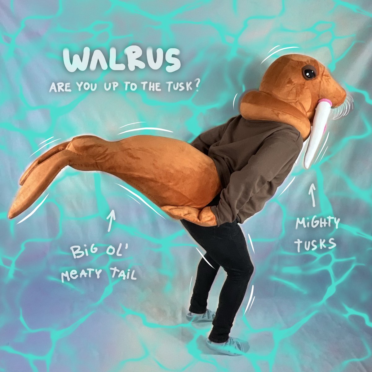 THE MIGHTY WALRUS! 
This premade is yours for the taking!

Featuring a comfy fat neckpiece, a pair of tusks to show off your quality, an array of whiskers to feel the wind, fully lined interiors, and a pair of flippers to slap your enemies!

#fursuitfriday #walrus #fursona #furry