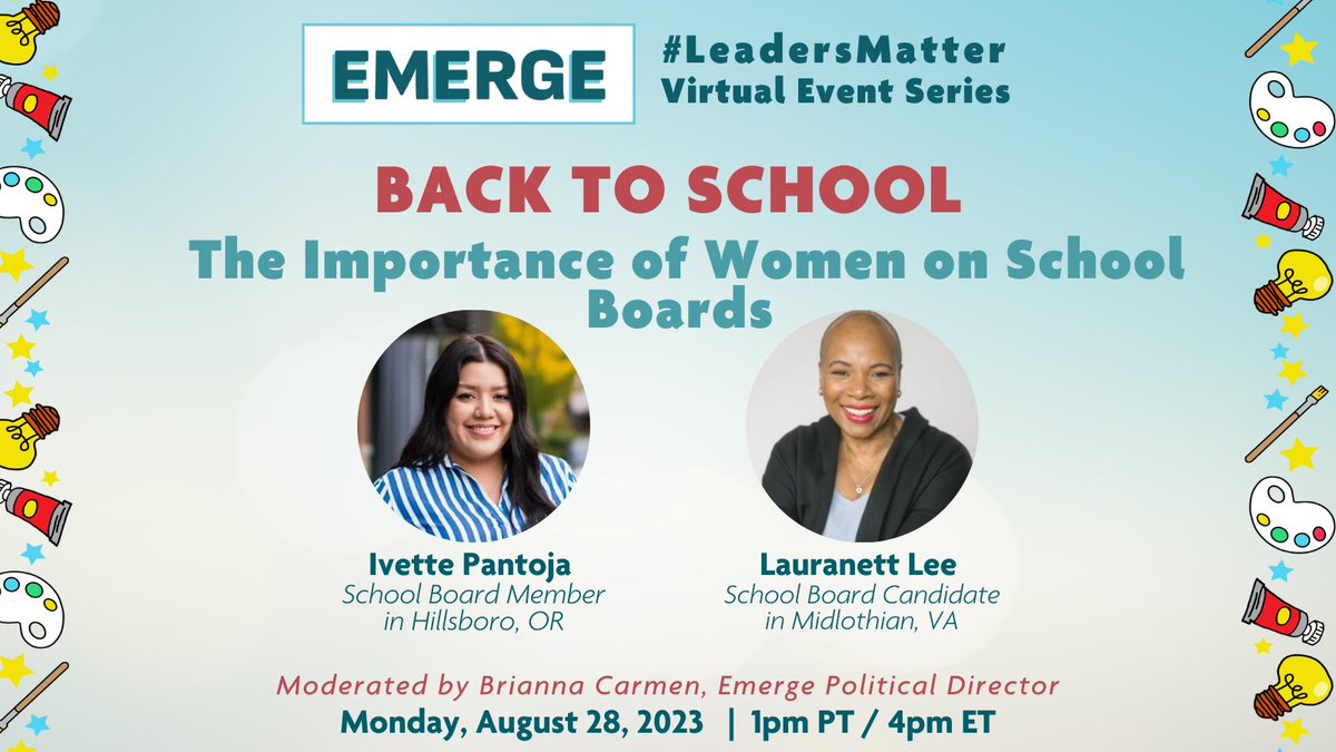 School boards are a frontline for democracy, and it’s never been more critical to get more Democratic women on them.

Join us on Monday to hear from #EmergeAlums Ivette Pantoja and <a href="/DrLauranett/">Lauranett Lee</a>.
RSVP: bit.ly/LeadersMatterS…