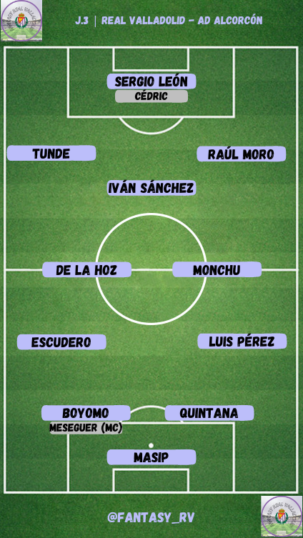 Fantasy_RV's tweet photo. ⚽️🟣 Tercera jornada en la #LigaHypermotion

🆚 @AD_Alcorcon 

🏟 José Zorrilla

❌ John y Gustavo Henrique, aún sin inscribir a esta hora

🔄 Sergio León podría entrar por Cédric

⁉️ De la Hoz como central, otra de las opciones posibles

👀👇🏻 Os dejamos el XI probable del Pucela https://t.co/uFHNflSsb4