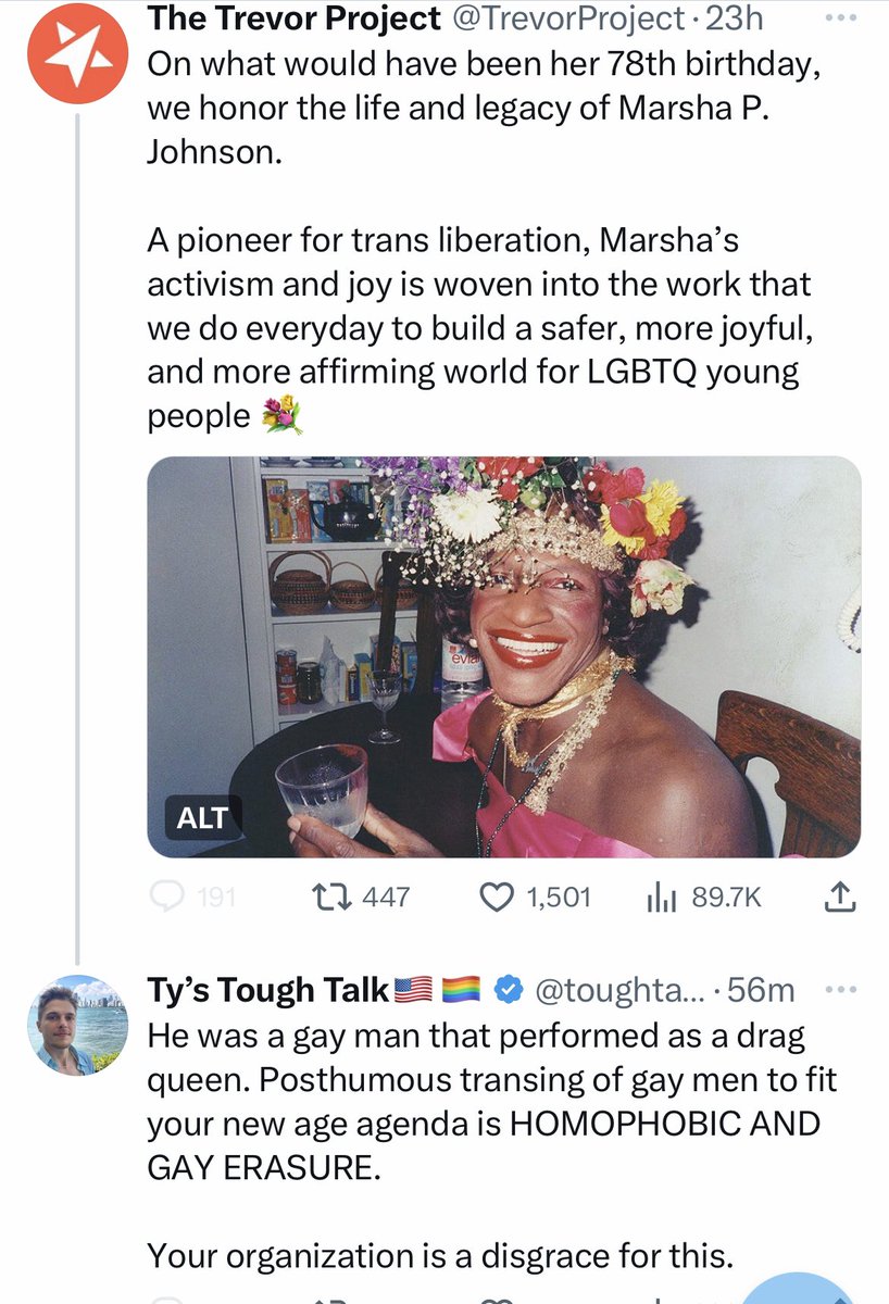 Apparently the Trevor Project can’t handle being called out for the way they actively erase gay history to promote a disgusting new age ideology 🧐⬇️