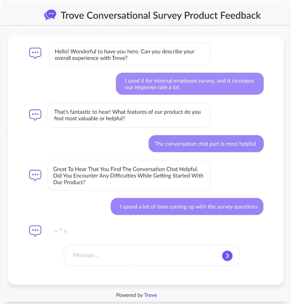 trove_ai_'s tweet photo. In the pre-AI era, surveys were often impersonal, using rigid scales of 0-10. These limited genuine insights into candidate thoughts. Enter Trove: a survey revolution powered by AI, offering engaging conversations that truly uncover candidate needs. 🚀 #AI #SurveyTransformation https://t.co/wilDky14Dx