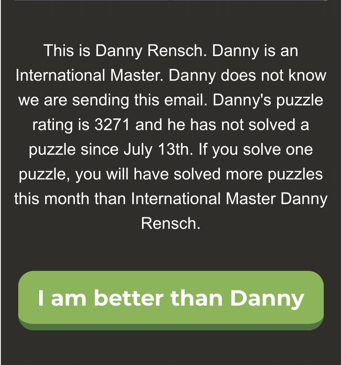 Incredible email from the chess dot com mailing list