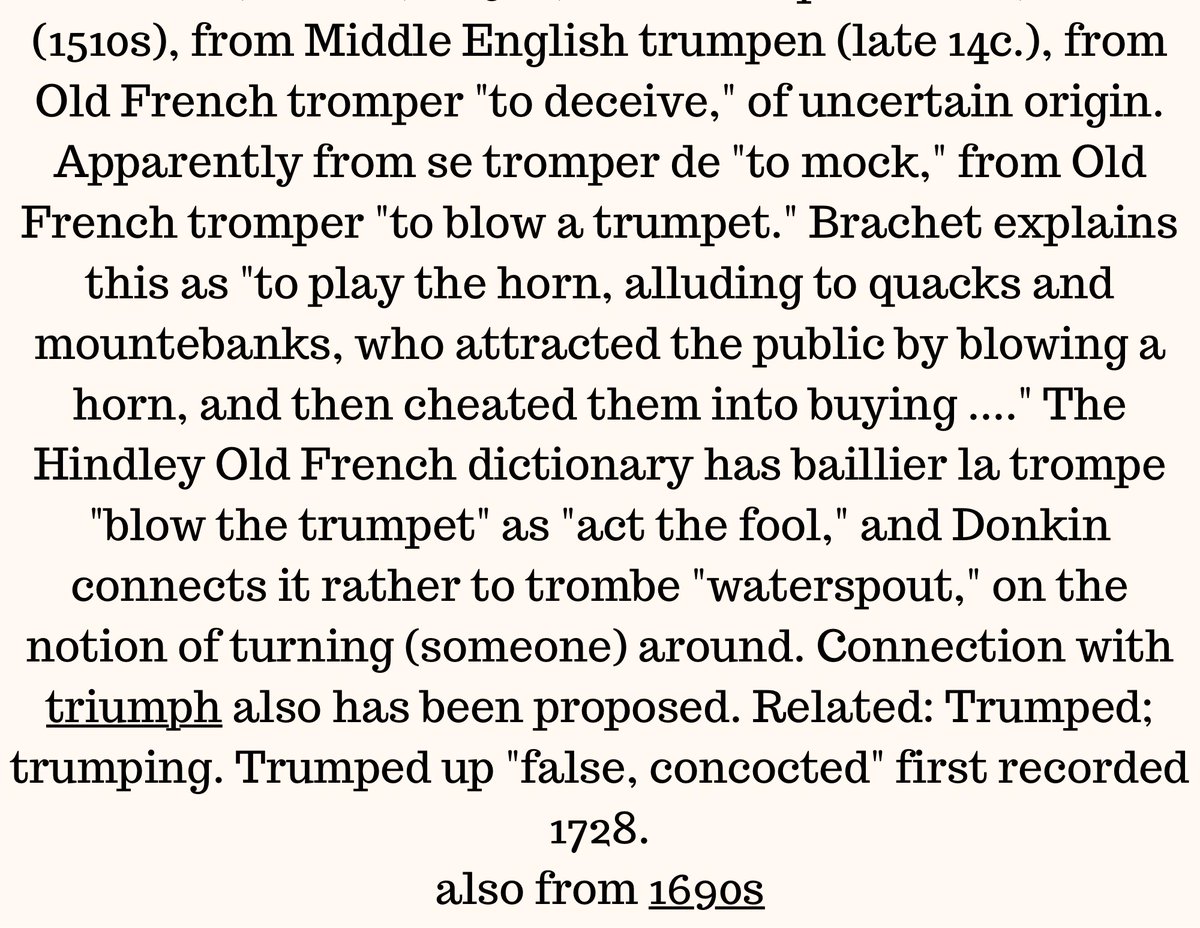 JoAnnRoss's tweet image. I used “trumped” in a sentence &amp;amp; realized a certain former twice impeached, four times indicted, loser ex-president has ruined a perfectly good word. Then I got curious &amp;amp; looked up the origin of Trump. This is my favorite &amp;amp; I made a graphic because it’s too long for a post.