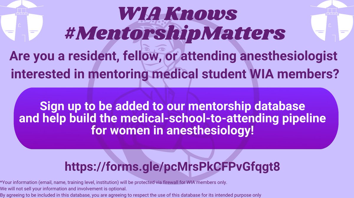 WIA is launching a mentorship initiative with funding from an @ASALifeline Mentorship Grant! Please sign up here to help strengthen the pipeline from medical school to attending anesthesiologist for WIA medical student members. forms.gle/pcMrsPkCFPvGfq… #SheforShe #Mentorship