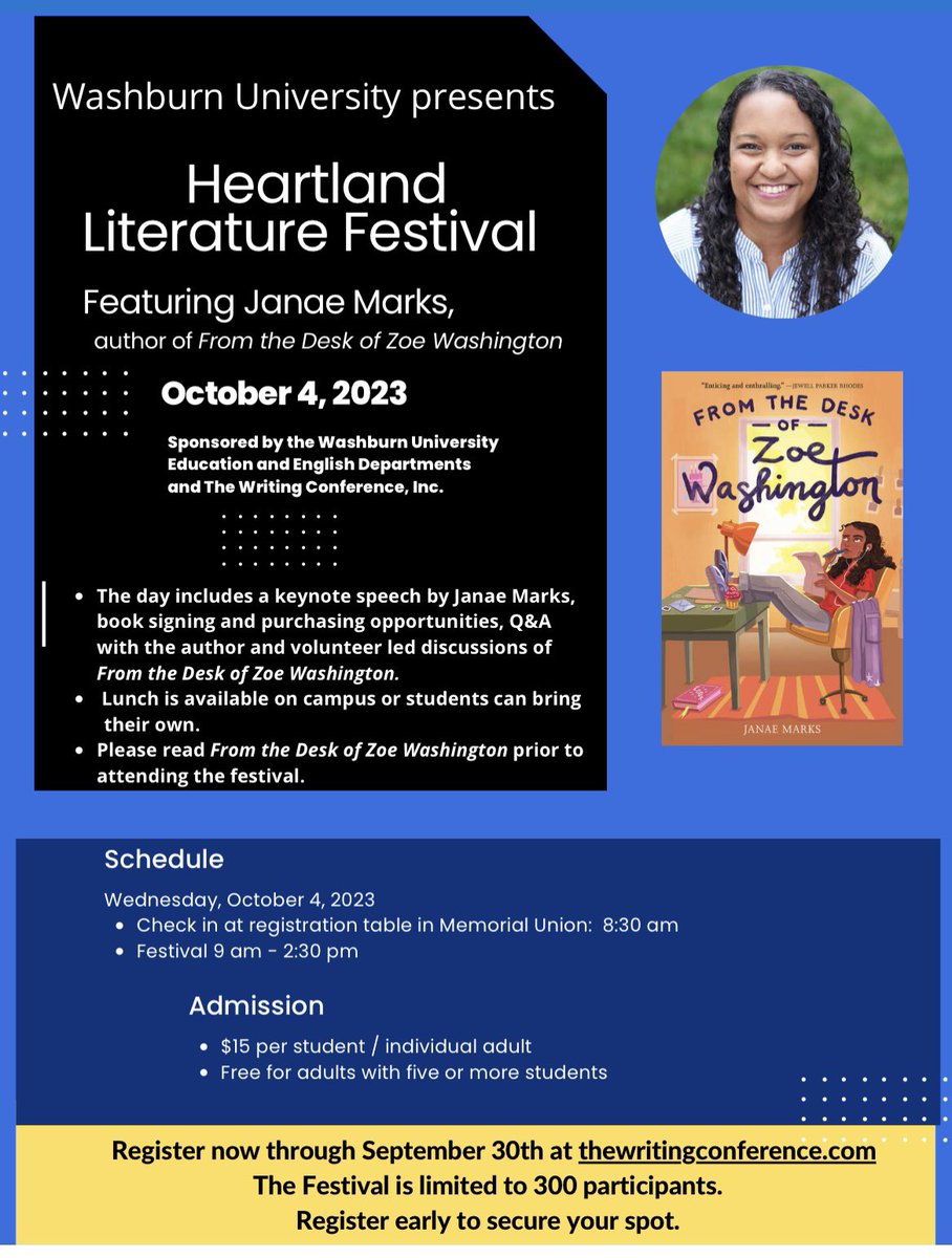 nleisten70's tweet image. @KansasLibraries-Check out info on the upcoming Literature Festival at @WashburnUniv on October 4th featuring @JanaeMarksBooks, author of From the Desk of Zoe Washington and more. If you&apos;ve never attended, I highly recommend it! Registration is now open.
thewritingconference.com/festival