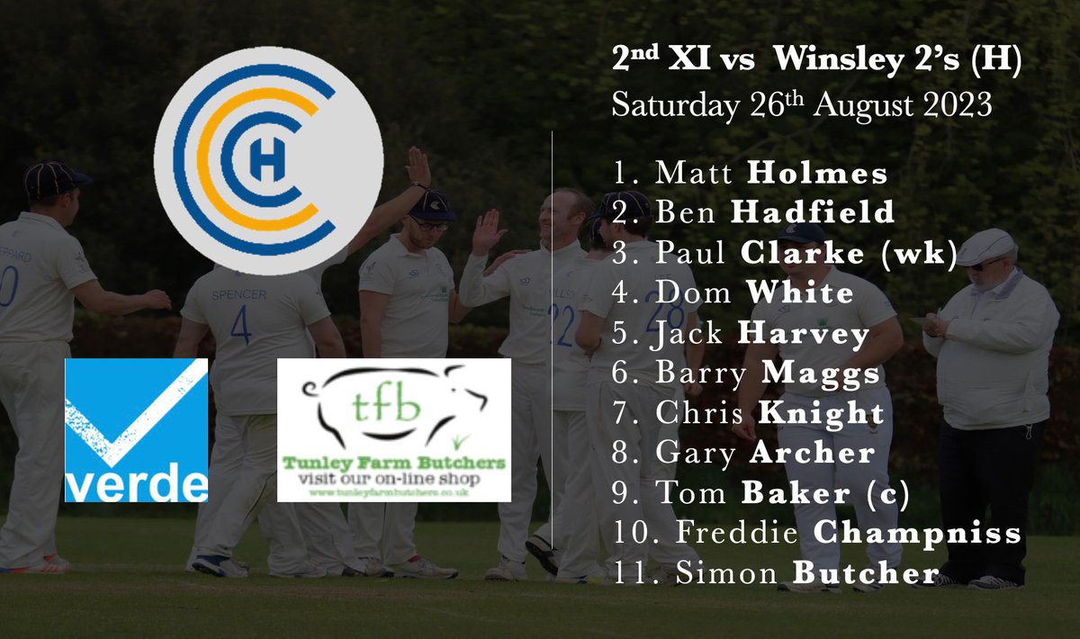 Hinton Charterhouse CC (@hintonccc) on Twitter photo Team news for Saturday:
This weekend sees a local derby double-header as both sides face off against <a href="/winsleycc/">Winsley CC</a>.
Many thanks to our sponsors, <a href="/weareverde_uk/">Verde</a> and <a href="/TunleyFarm/">Tunley Farm Butchers</a>.
#hintoncharterhouse #seasondecider #derbyday Team news for Saturday:
This weekend sees a local derby double-header as both sides face off against <a href="/winsleycc/">Winsley CC</a>.
Many thanks to our sponsors, <a href="/weareverde_uk/">Verde</a> and <a href="/TunleyFarm/">Tunley Farm Butchers</a>.
#hintoncharterhouse #seasondecider #derbyday