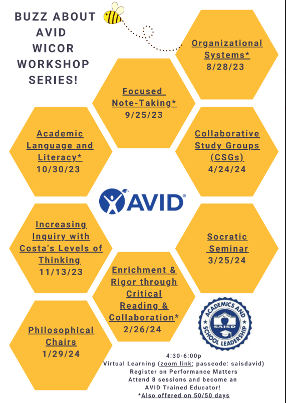 AVID, SAISD (@saisd_avid) on Twitter photo Attention SAISD Educators: Join us for our first session of the "Buzz About AVID WICOR Workshop" on Monday, 8/28 via zoom 4:30-6:00pm. We will be learning about Organizational Systems. Register on Performance Matters. <a href="/SAISD_CI/">SAISD Curriculum, Instruction, & Assessment</a> <a href="/SAISD_Math/">SAISD Mathematics</a> <a href="/SAISD_Science/">SAISD Science</a> <a href="/SaisdSocial/">Social Studies, SAISD</a> <a href="/SAISDRLA/">SAISD Reading-Language Arts</a> Attention SAISD Educators: Join us for our first session of the "Buzz About AVID WICOR Workshop" on Monday, 8/28 via zoom 4:30-6:00pm. We will be learning about Organizational Systems. Register on Performance Matters. <a href="/SAISD_CI/">SAISD Curriculum, Instruction, & Assessment</a> <a href="/SAISD_Math/">SAISD Mathematics</a> <a href="/SAISD_Science/">SAISD Science</a> <a href="/SaisdSocial/">Social Studies, SAISD</a> <a href="/SAISDRLA/">SAISD Reading-Language Arts</a>