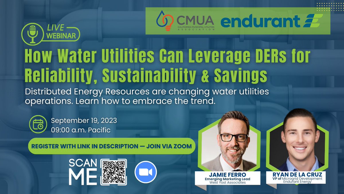 Join us on September 19th for a webinar co-hosted by CMUA and <a href="/EndurantEnergy/">Endurant Energy</a>. Discover how Water Utilities can harness DERs for enhanced reliability, sustainability, and savings. Don't miss out! Register now at  us06web.zoom.us/webinar/regist…

#DERs #UtilityWebinar