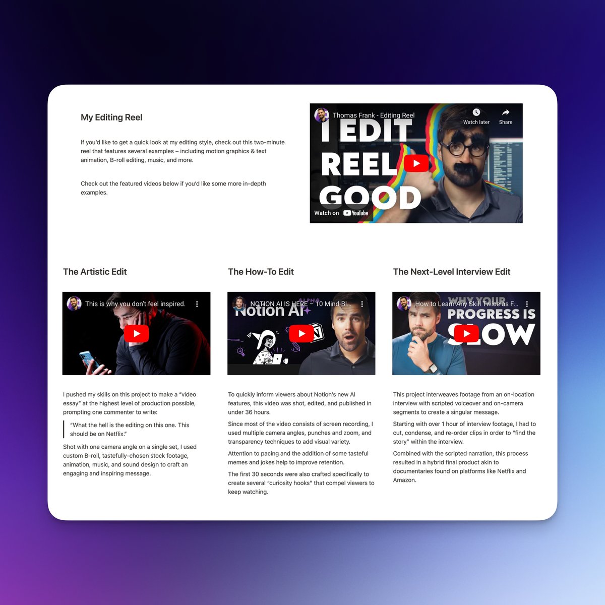 Great thread showcasing why <a href="/NotionHQ/">Notion</a> is a fantastic option for creating a portfolio if you do freelance creative work:

- Photography
- Video Editing
- Animation
- UI Design

..etc. Super easy to write up some copy, embed public examples of your best work, and make the page