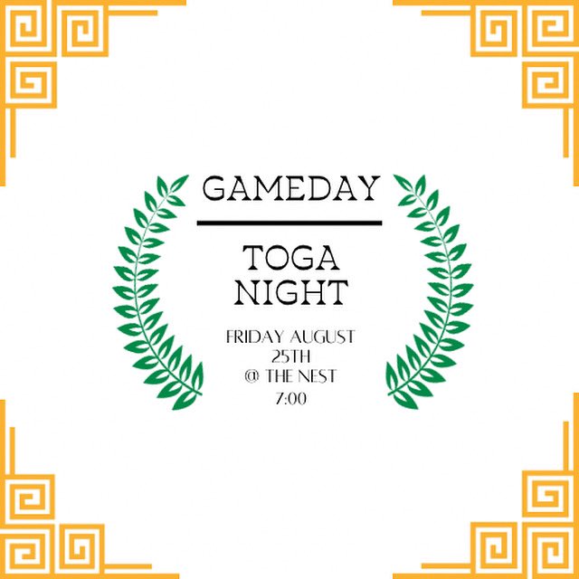 HAPPY GAMEDAY
🏈 FOOTBALL 🏈
🆚| HAMILTON
📍| @ THE NEST
📆| Aug 25th
🕒| 7:30
🌳💫 TOGA💫🌳