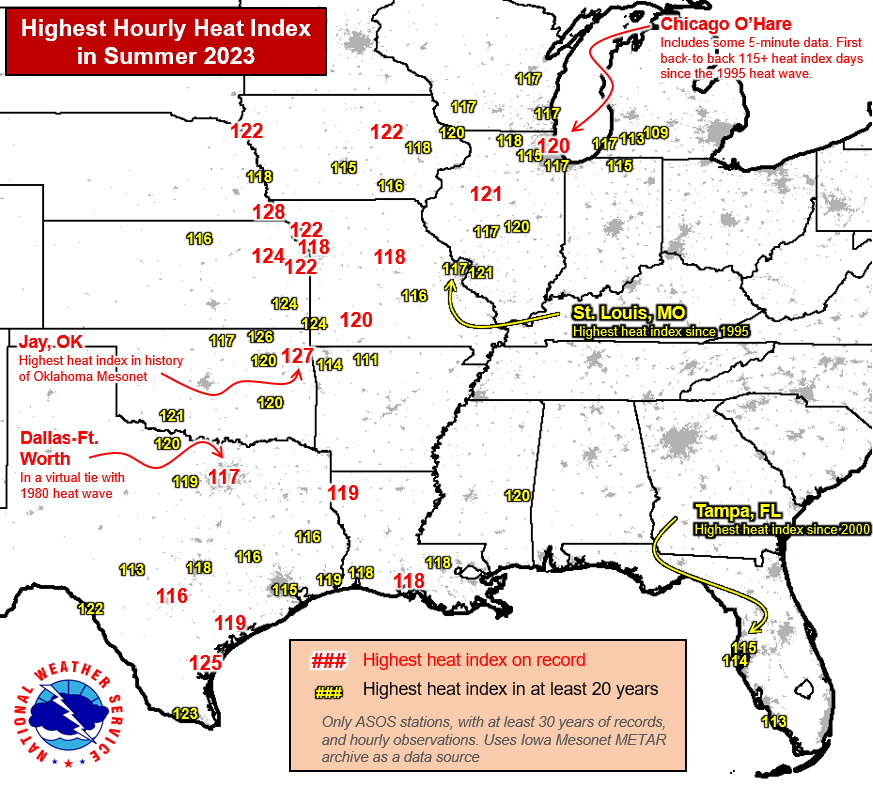 NWSWPC's tweet photo. It's been an exceptional summer for heat index -- a value that incorporates both temperature and humidity. This map shows the locations, in red, that have had their highest hourly heat index on record, and, in yellow, those with the highest in at least 20 years. https://t.co/0sK4BW8Fxs