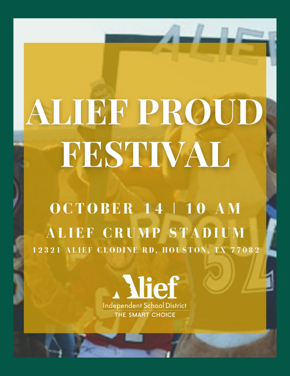 SAVE THE DATE! Join us for the Alief Proud Day Festival on Saturday, October 14th at the Crump Stadium parking lot. Enjoy family fun activities, giveaways, plenty of food, and much more! The festival is free for all to attend. See you there!
