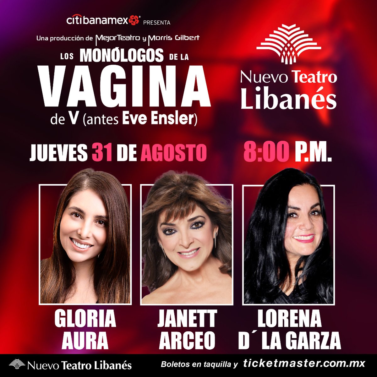 MonologosVagMex's tweet photo. ¡Este jueves la lección sobre el universo femenino en #LosMonólogosDeLaVagina será impartida por #LorenaDLaGarza, @janettarceo y @GloriaAura 💋!

📍 Nuevo Teatro Libanés
📆 Jueves 31 de agosto
⏰ Función a las 8:00 p.m.
🎟️ https://t.co/WFwJBbsVHO https://t.co/rd5cdvMU47