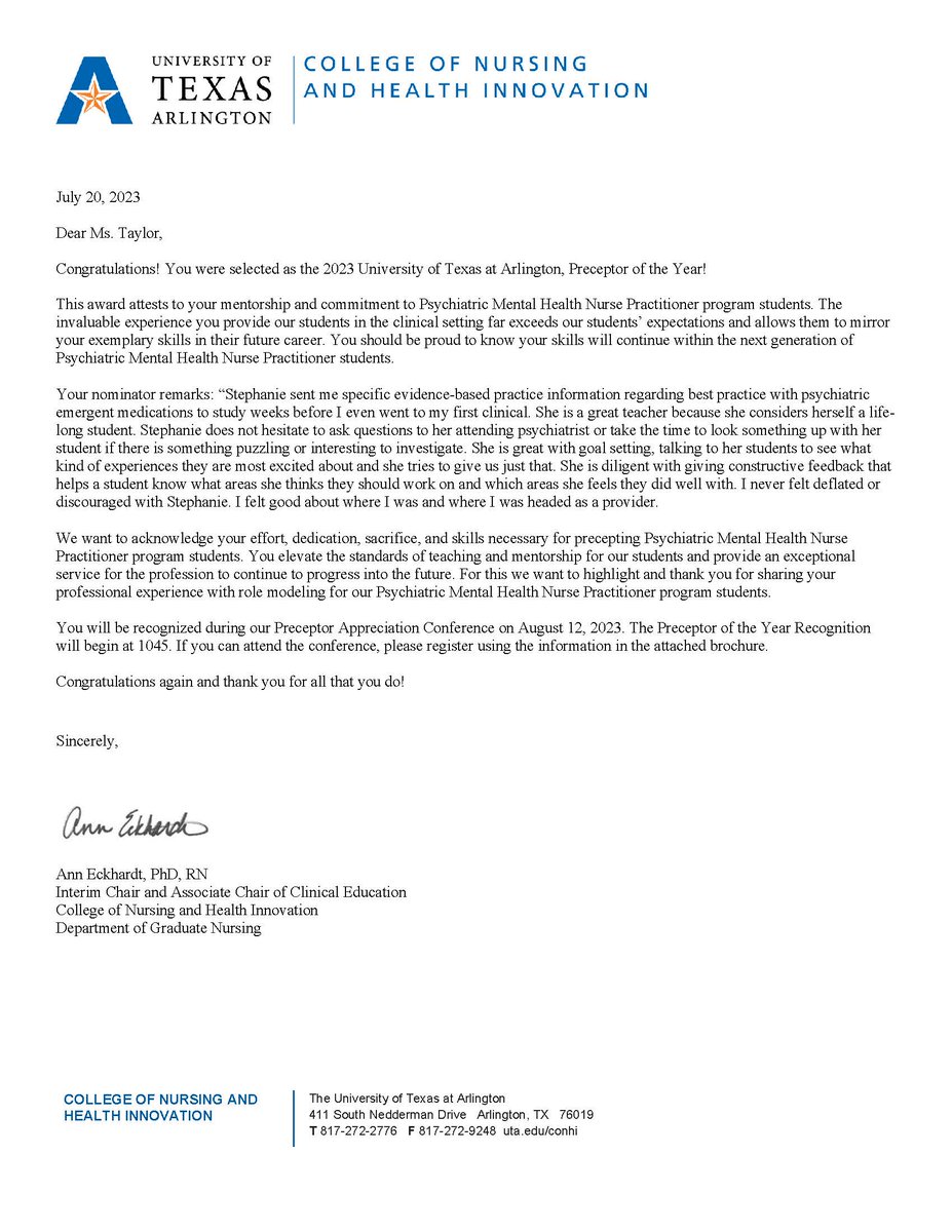 acclaimdoctors's tweet photo. Congratulations to our very own Stephanie Taylor, APRN, MSN, PMHNP-BC on being selected as the 2023 University of Texas at Arlington, Preceptor of the Year! https://t.co/M4NEhhy3io