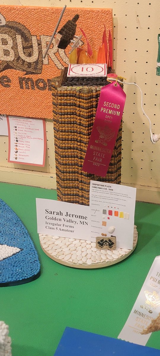 quesarahj's tweet photo. That time I created a replica of the Nakatomi Building out of seeds for the @mnstatefair Crop Art Competition and won a ribbon. #diehard #NeverForget https://t.co/YajiIKAdfj