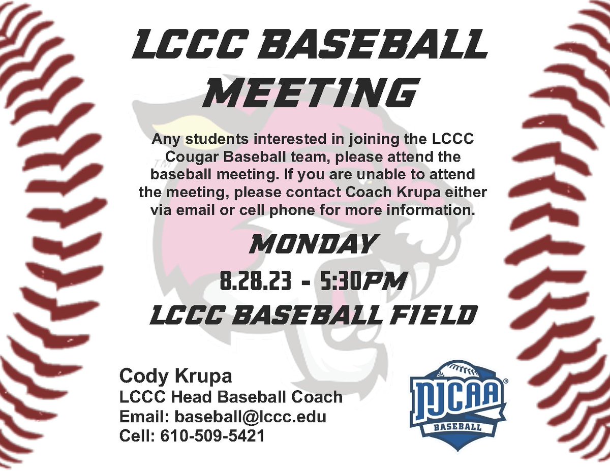 Gocougarsports's tweet photo. 🚨Cougar Baseball Meeting⚾️
🗓️ 8/28/2023
⏲️5:30PM
📍Cougar Baseball Field https://t.co/1JUlip8ASv