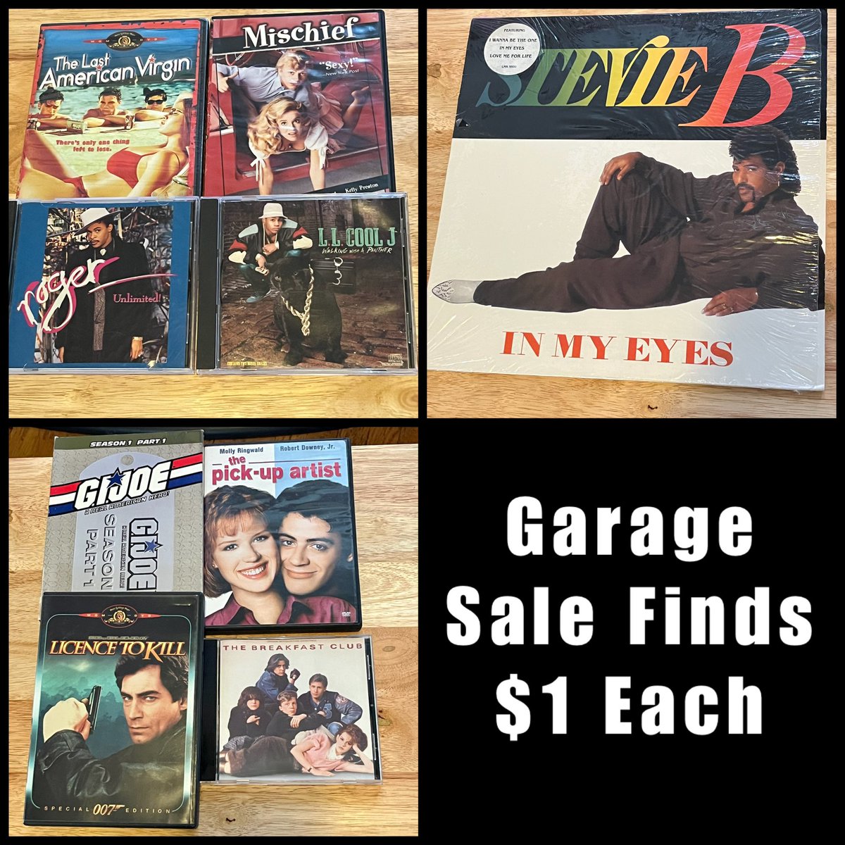 ricklovesthe80s's tweet photo. What to do on a day off? Go Garage Sale hunting! I found all of these 80’s gems…CHEAP! I already own 2 CD copies of #TheBreakfastClub, but I couldn’t resist! 🤣🤣🤣 #80sCollection #80sCollector #80sMusic #80sMovies #The80s #GIJoe #MollyRingwald #RDJr #StevieB  #LLCoolJ https://t.co/5N4A4WKwhc
