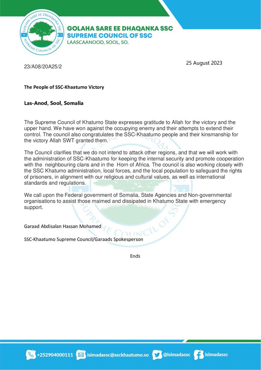 GaraadMukhtaar's tweet photo. The Supreme Council of SSC- Khatumo hereby express their gratitude to God for the victory achieved today by our #SSCDefenders.  @SSCKhaatumo @IsimadaSsc @UnitedSomalis @US2SOMALIA @UNSomalia @TheVillaSomalia @UKinSomalia @UNinSomalia https://t.co/iw7H76Xidl