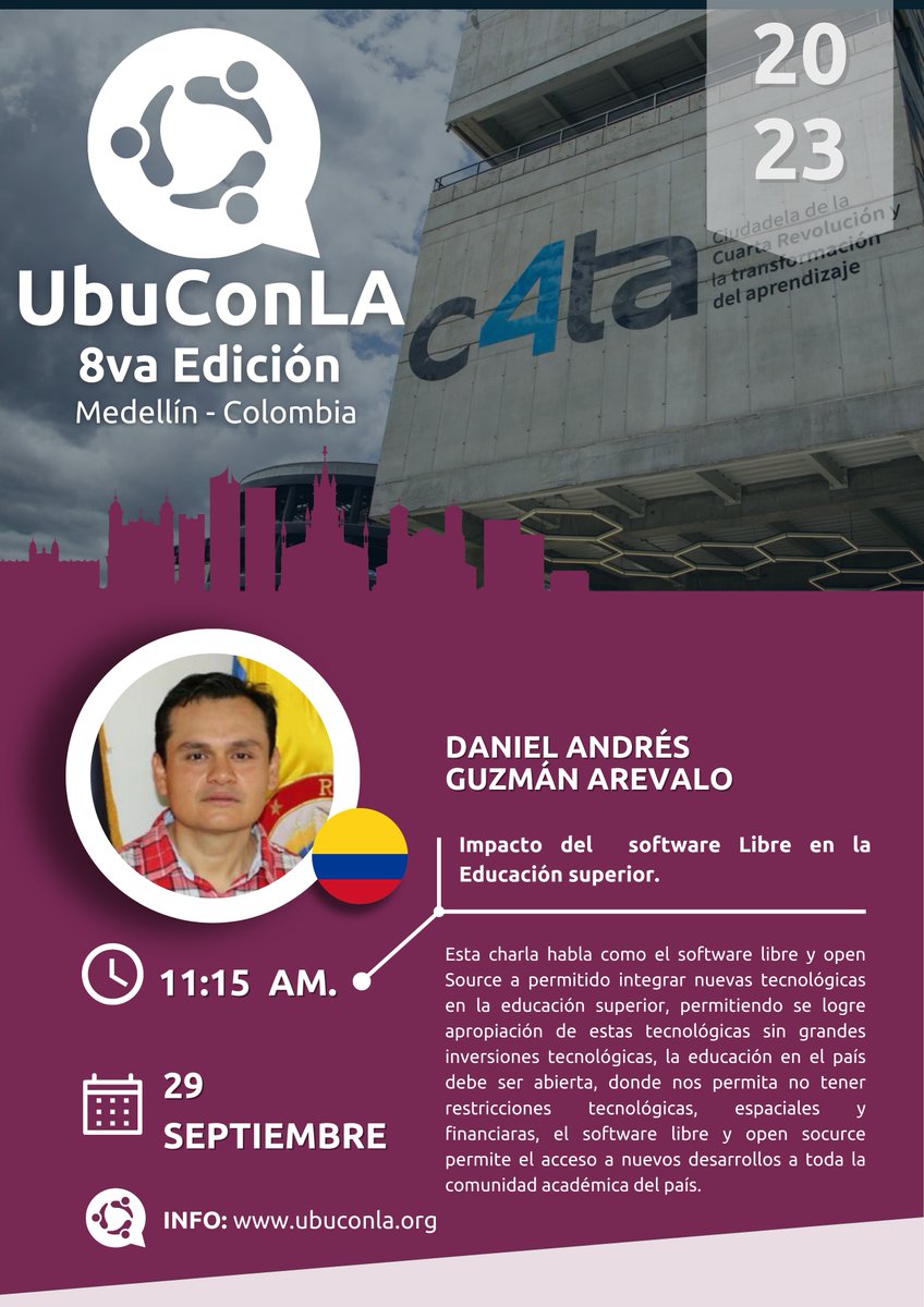 ¡Excelentes noticias! Estamos encantados de confirmar a:  "Daniel Andrés Guzmán Arévalo",  de #Colombia 🇨🇴, como nuevo conferencista de UbuConLA 2023. ¡Prepárense para sus intrigantes charlas! #UbuConLa2023 #Ubuntu #Medellin #Speakers <a href="/ubuntuco/">Ubuntu Colombia</a>  <a href="/Ubuntu_Latino/">Ubuntu en Castellano</a> <a href="/ubuntugeek/">Ubuntu Geek</a>