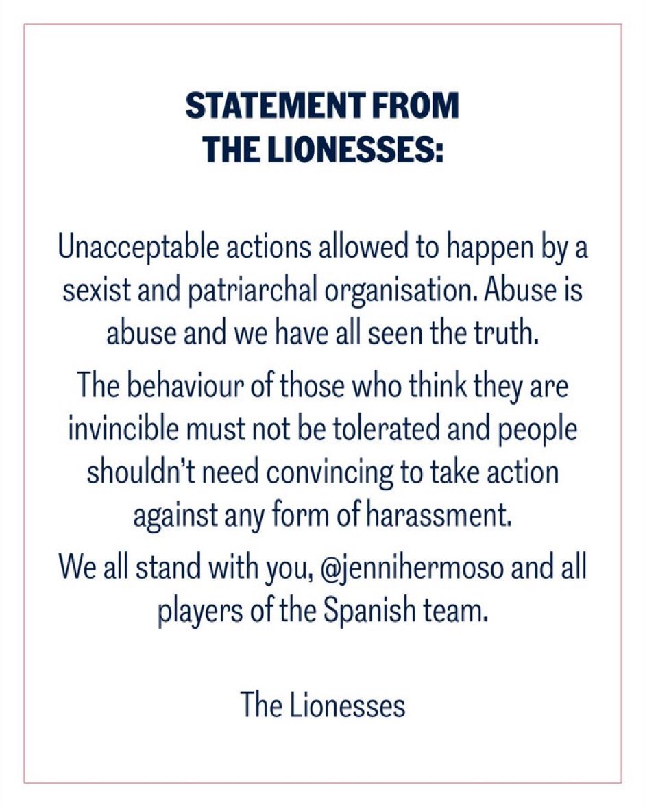 SHEscoresbanger's tweet photo. England players release a statement standing with the Spanish players. They call the RFEF “a sexist and patriarchal organization” - very accurate. https://t.co/nI27vDssdZ