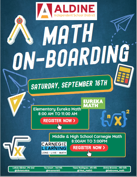 AldineISD Professional Learning (@aldineproflearn) on Twitter photo 📢 Calling All NEW ALDINE MATHEMATICIANS!!!
Math ONBOARDING on September 16th.
Register Now!
Eureka Math 1.0 bit.ly/3qQ5kfV
Carnegie Math 1.0 bit.ly/3sq4I0W
<a href="/AldineISD/">Aldine ISD</a> <a href="/SibrianLeticia/">Leticia Sibrian</a> <a href="/Mrssmart615/">Tia Smart</a> <a href="/TRod_Math13/">Tiana Rivera (Rodriguez)</a> <a href="/thebrowne_math/">Divina Browne, Ed. D.</a> 📢 Calling All NEW ALDINE MATHEMATICIANS!!!
Math ONBOARDING on September 16th.
Register Now!
Eureka Math 1.0 bit.ly/3qQ5kfV
Carnegie Math 1.0 bit.ly/3sq4I0W
<a href="/AldineISD/">Aldine ISD</a> <a href="/SibrianLeticia/">Leticia Sibrian</a> <a href="/Mrssmart615/">Tia Smart</a> <a href="/TRod_Math13/">Tiana Rivera (Rodriguez)</a> <a href="/thebrowne_math/">Divina Browne, Ed. D.</a>