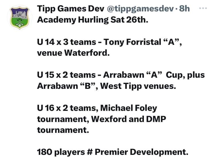 clonmel_og's tweet photo. Along with u13 trials, lots of development activity this weekend.
Some of the many input factors: age, physical maturity, amount of effort prepared to apply,coaching environment.
Kids mature at different rates.
Dev teams are up to under 20.
#stickatit
#perservere
@NoelWalshie https://t.co/wmdqztE3tL