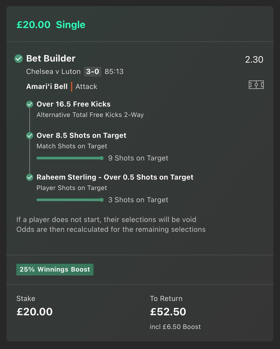 😍 LETSSS GOOOOOO!!!

We’ve just landed ANOTHER bet builder winner…  That’s 6/7 of my bet365 bet builders this season landing ✅✅✅✅❌✅✅ 

I’ll giveaway the FULL £52.50 to somebody who LIKES ❤️ &amp; RTs 🔁 this tweet!!! 

Drop those bet slips if you got on 🤑👇