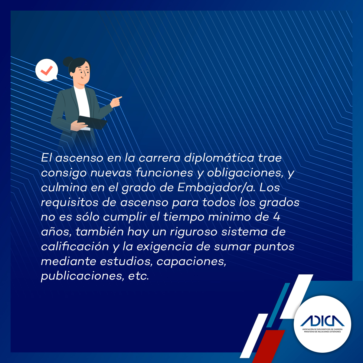 adicachile's tweet photo. #¿SabíasQue existen distintos grados en la carrera diplomática y su ascenso no es automático?

Como leíste, la carrera diplomática se desarrolla en diversos grados que van desde Tercer Secretario hasta Embajador.

Te contamos más a continuación 👇🏼

#DiplomaciaProfesional https://t.co/E5yFugqZ4n