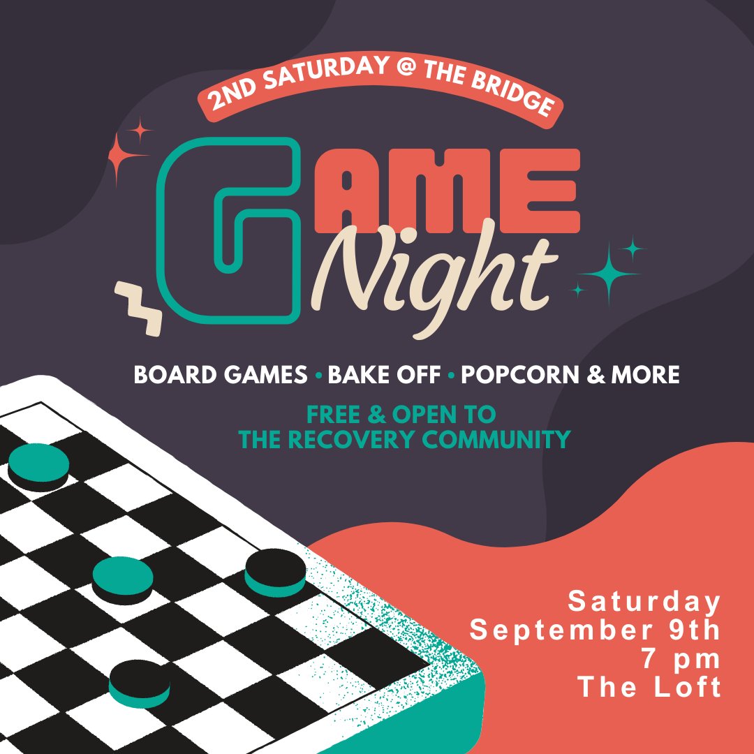 ✨Introducing 2nd Saturday at The Bridge ✨
Join us in The Loft at 7 pm on September 9th for board games and a bake off! Bring a baked good to enter – top 3 winners receive a gift card. There will be popcorn and soda/coffee as well. Looking forward to seeing you there!