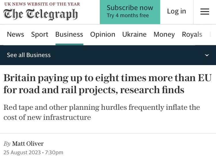 The Telegraph spills the beans... 'Britain paying up to eight times more than EU for road and rail projects, research finds' No wonder we can never have nice things. archive.ph/2023.08.25-200…