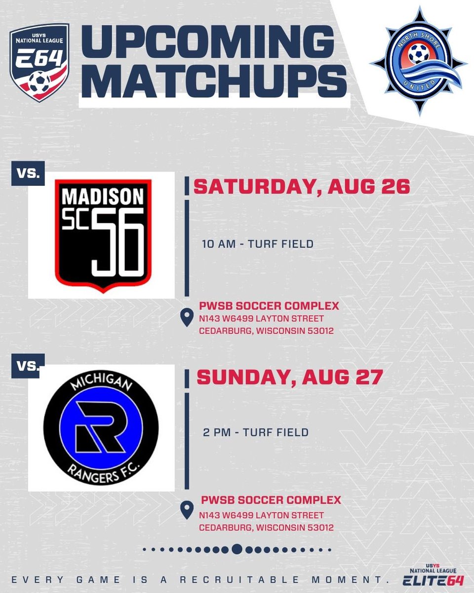 Come support the u15 girls as they kick off the E64 season this weekend with games against Madison 56ers and Michigan Rangers #everymomentcounts #WeAreUnited #NSUpride @Madison56ersSC @NSU_Soccer
