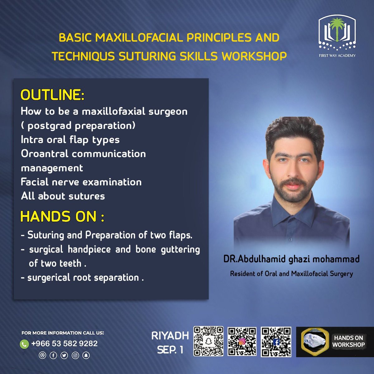 Attention all dental professionals!
Don't miss out on the upcoming dental training event in
Riyadh city on September First! Join Dr. Abdulhamid for an informative and interactive session
where you'll learn about the latest techniques and best
practices in dentistry. Register now